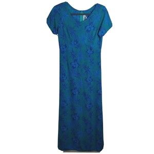 Vtg RainbowJo Womens Hawaiian Tropical Maxi Dress Short Sleeve Blue Green Small